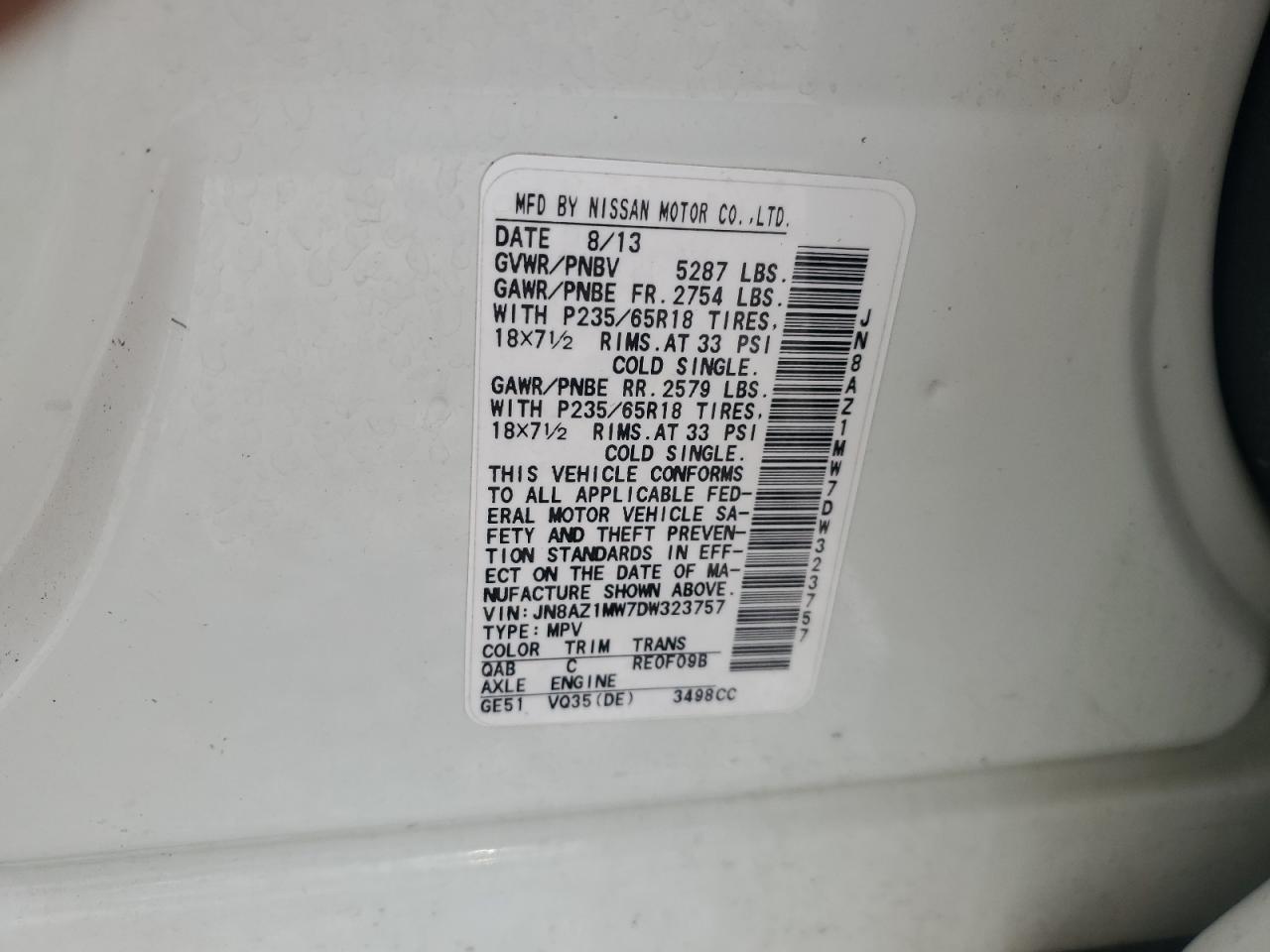 2013 Nissan Murano S VIN: JN8AZ1MW7DW323757 Lot: 56728925