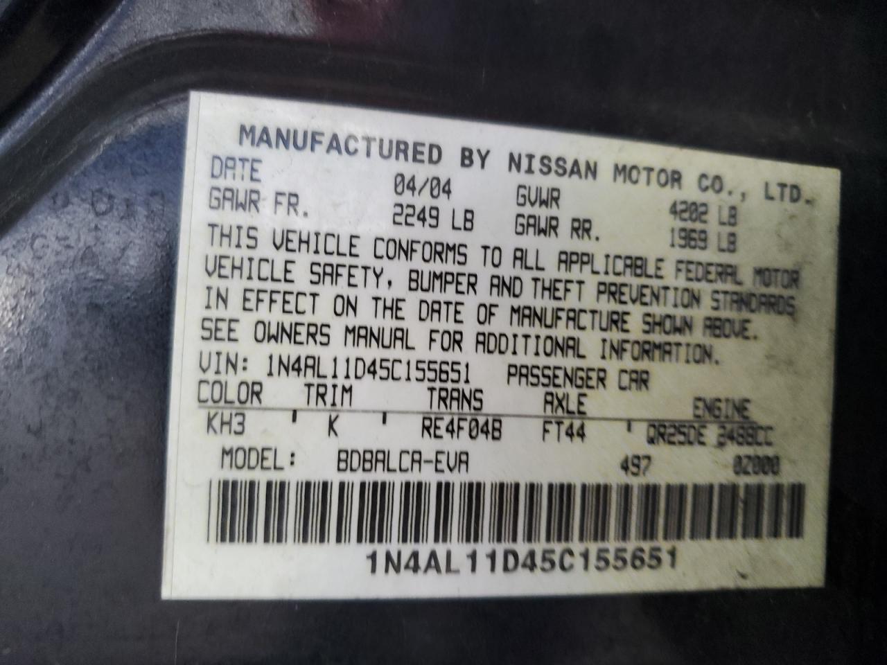 2005 Nissan Altima S VIN: 1N4AL11D45C155651 Lot: 56910945