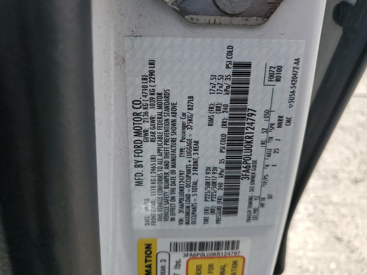 2019 Ford Fusion Se VIN: 3FA6P0LU0KR124797 Lot: 55085165