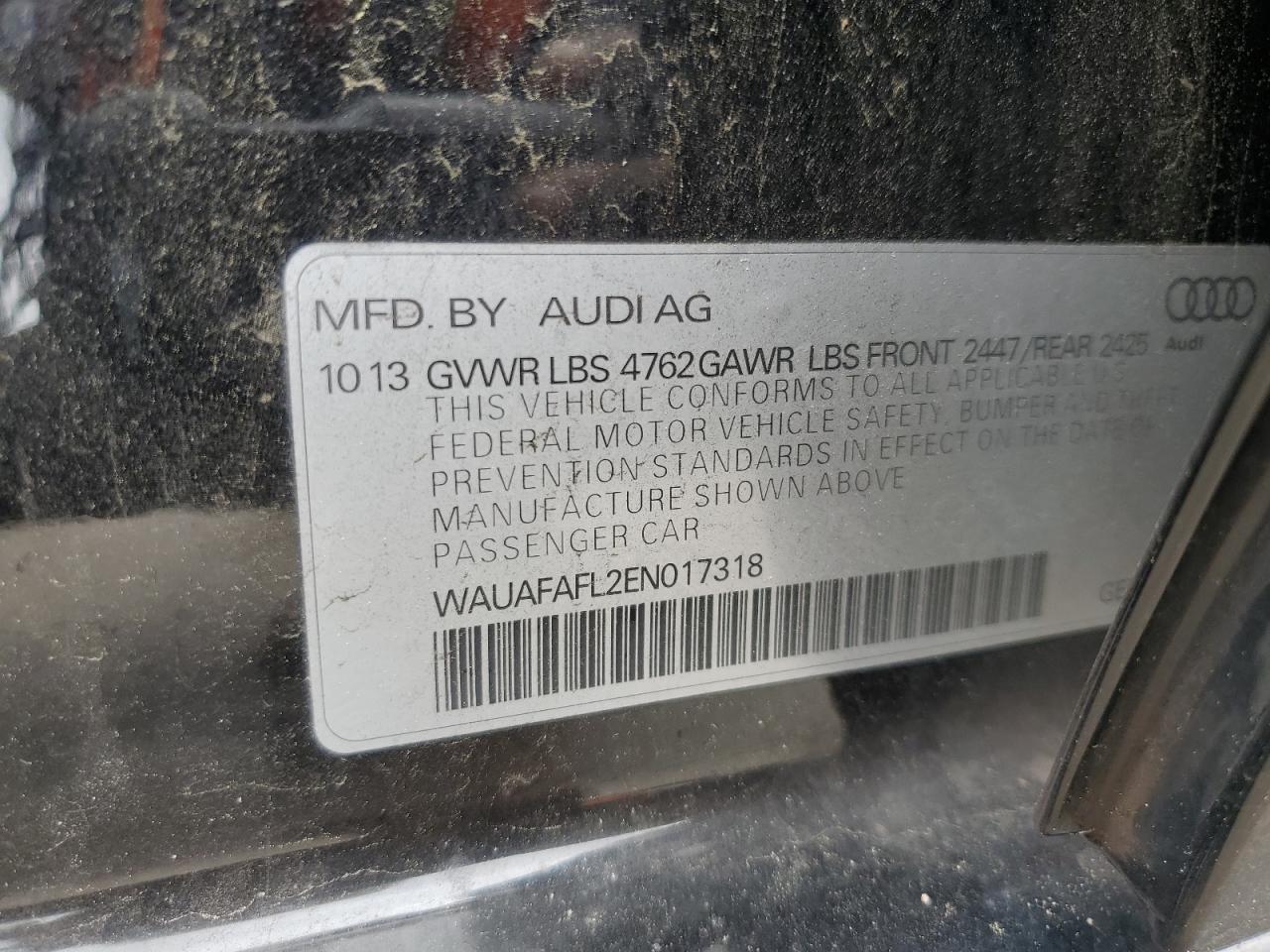 2014 Audi A4 Premium VIN: WAUAFAFL2EN017318 Lot: 56586795
