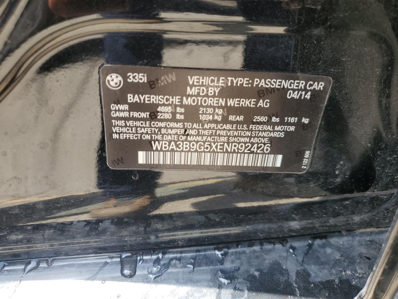 2014 BMW 335 Xi VIN: WBA3B9G5XENR92426 Lot: 57073385