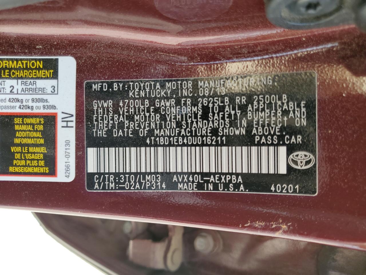 2013 Toyota Avalon Hybrid VIN: 4T1BD1EB4DU016211 Lot: 56536915