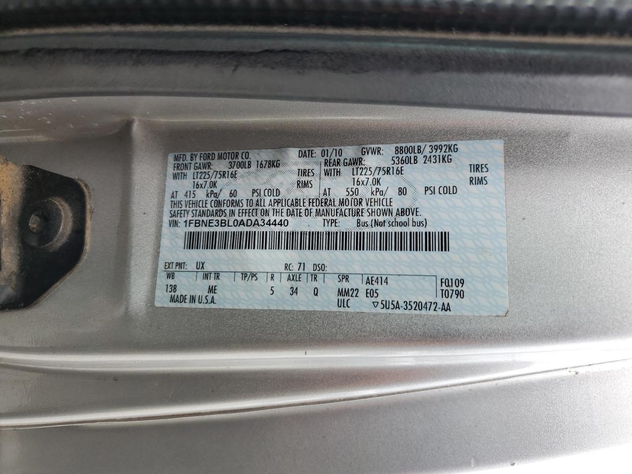 2010 Ford Econoline E350 Super Duty Wagon VIN: 1FBNE3BL0ADA34440 Lot: 55955065