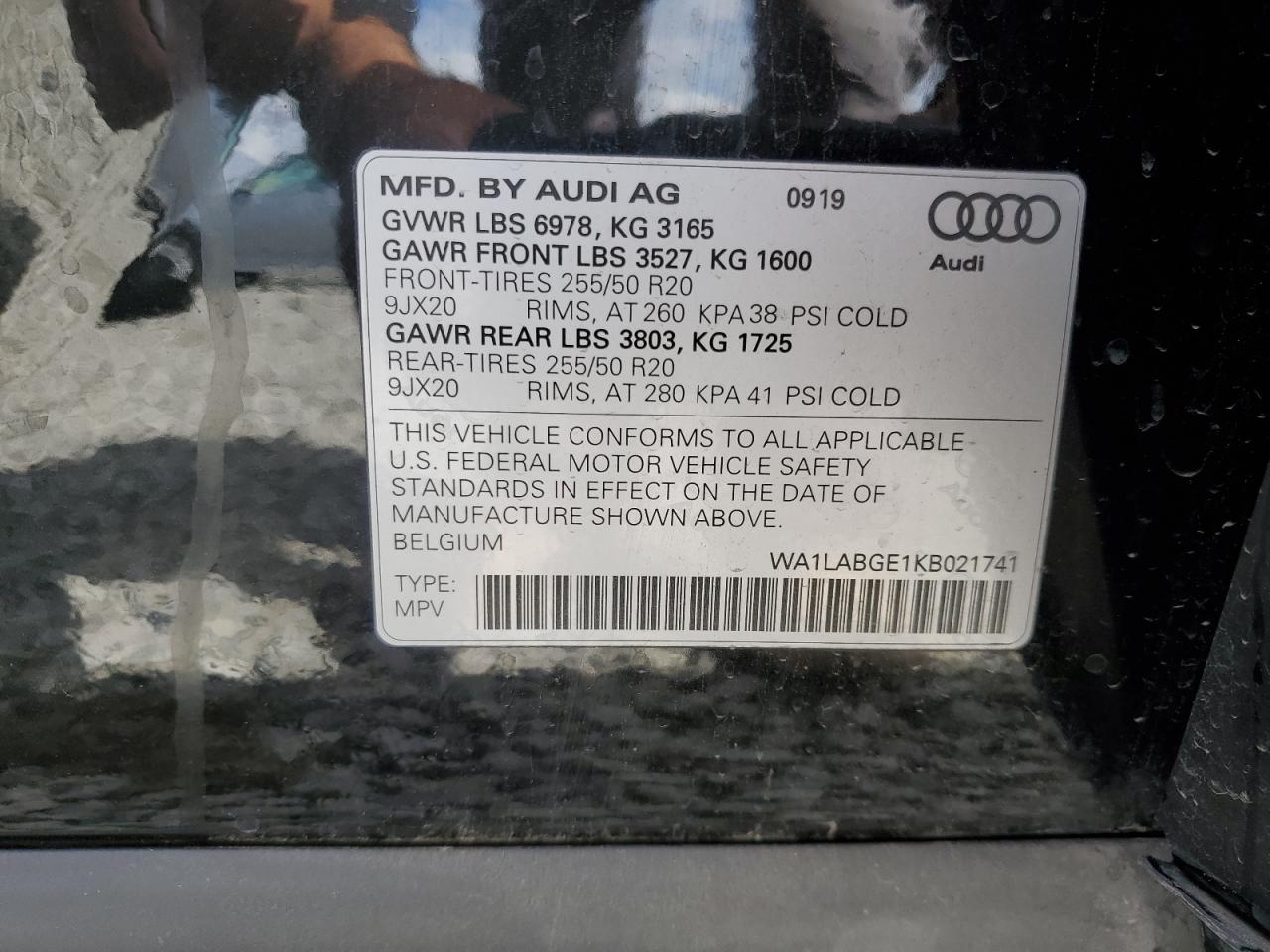 2019 Audi E-Tron Premium Plus VIN: WA1LABGE1KB021741 Lot: 54774875