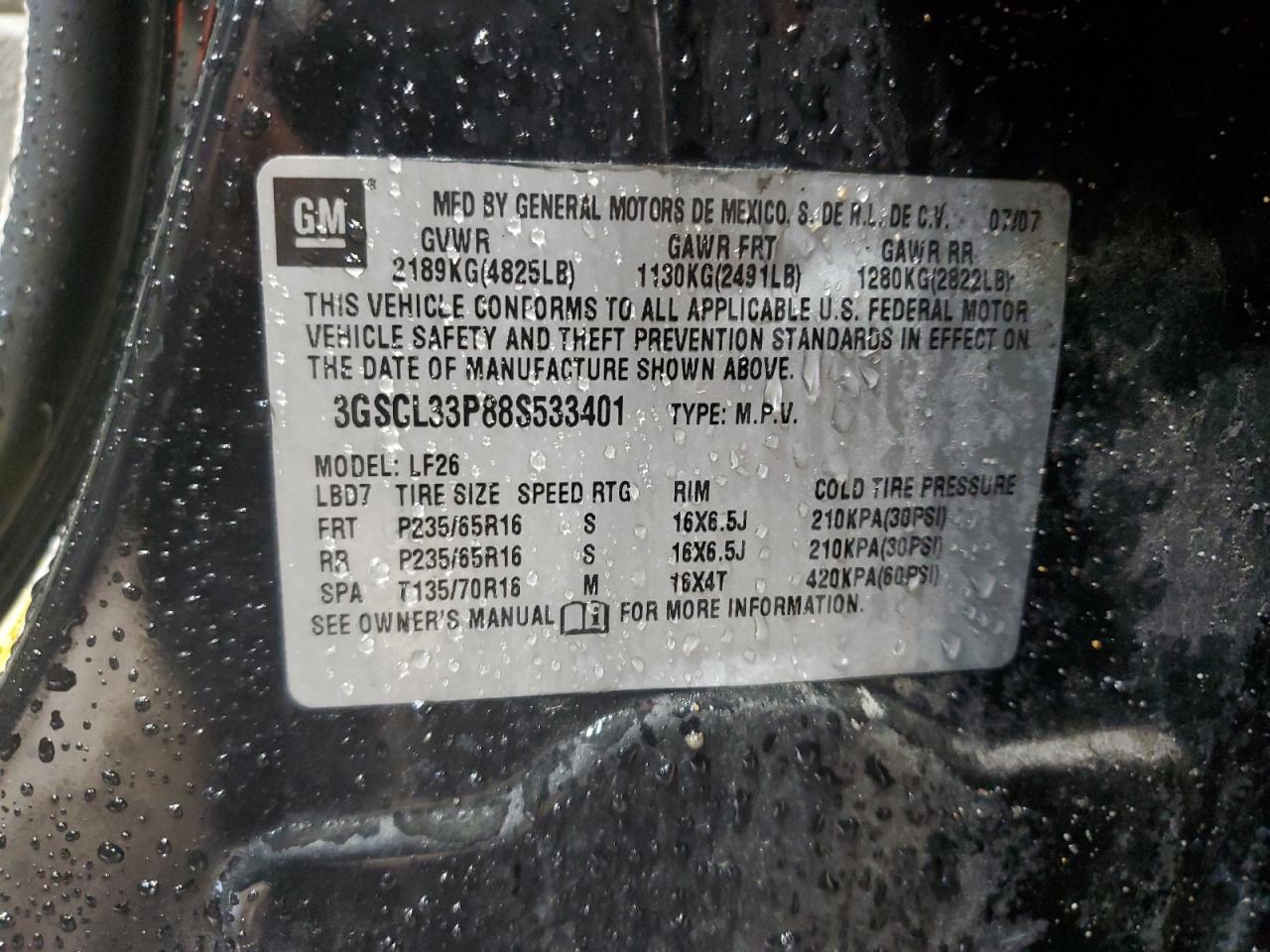 2008 Saturn Vue Xe VIN: 3GSCL33P88S533401 Lot: 56301795