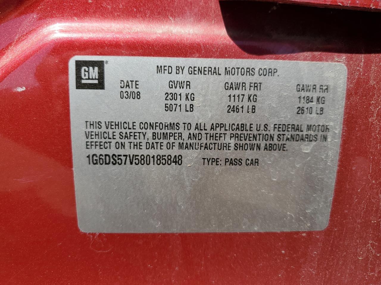 2008 Cadillac Cts Hi Feature V6 VIN: 1G6DS57V580185848 Lot: 57325395