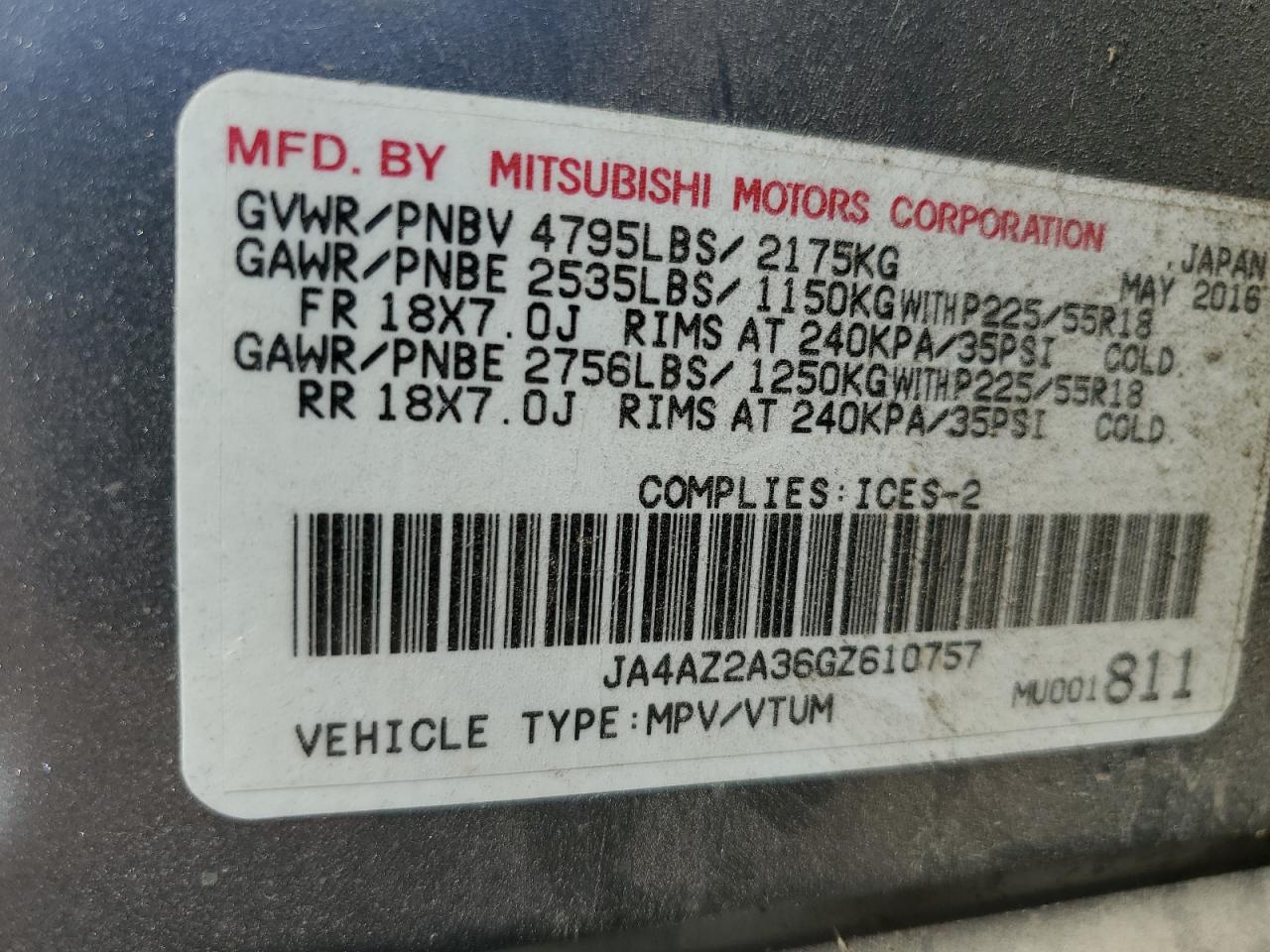 2016 Mitsubishi Outlander Es VIN: JA4AZ2A36GZ610757 Lot: 56894455