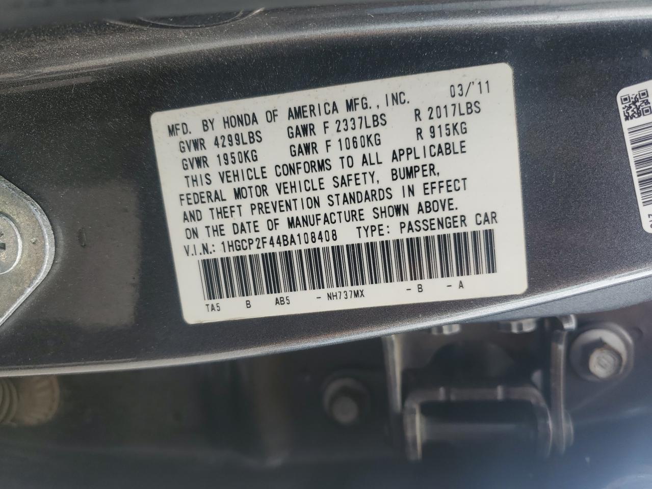 HONDA ACCORD 2011 VIN 1HGCP2F44BA108408 photo 13