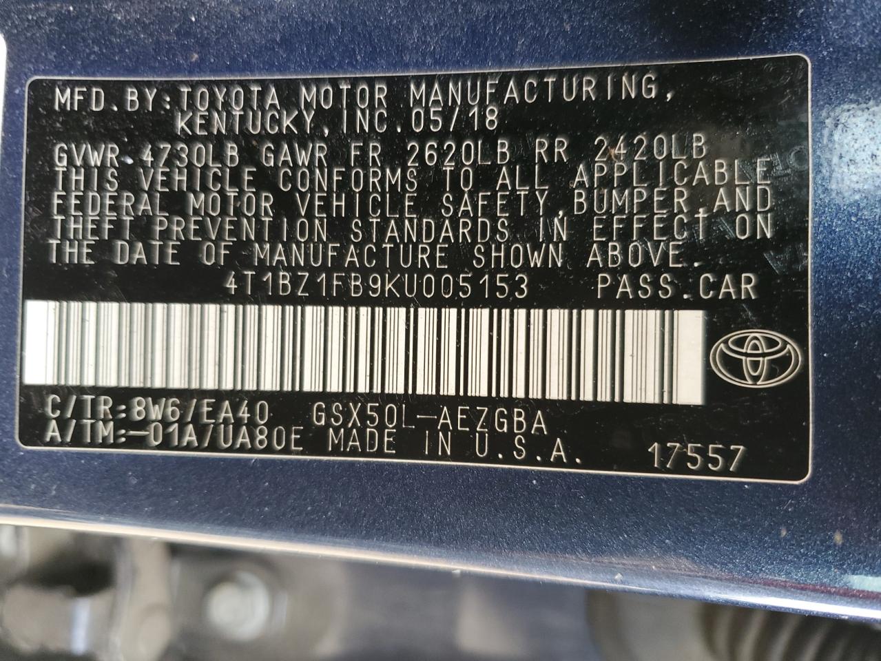 2019 Toyota Avalon Xle VIN: 4T1BZ1FB9KU005153 Lot: 55974835