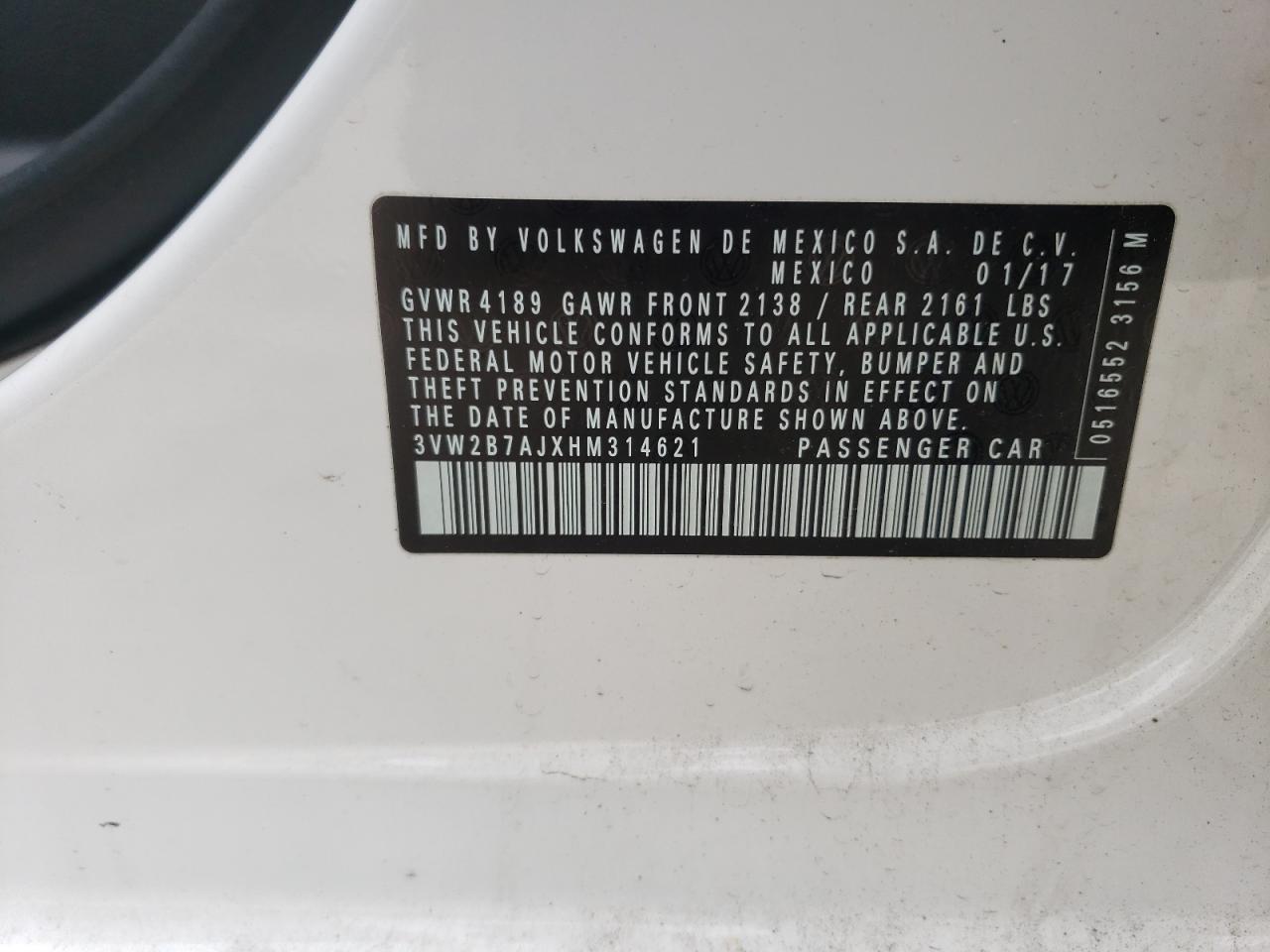 2017 Volkswagen Jetta S VIN: 3VW2B7AJXHM314621 Lot: 57765195