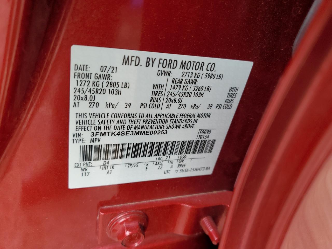 2021 Ford Mustang Mach-E Gt VIN: 3FMTK4SE3MME00253 Lot: 56948925