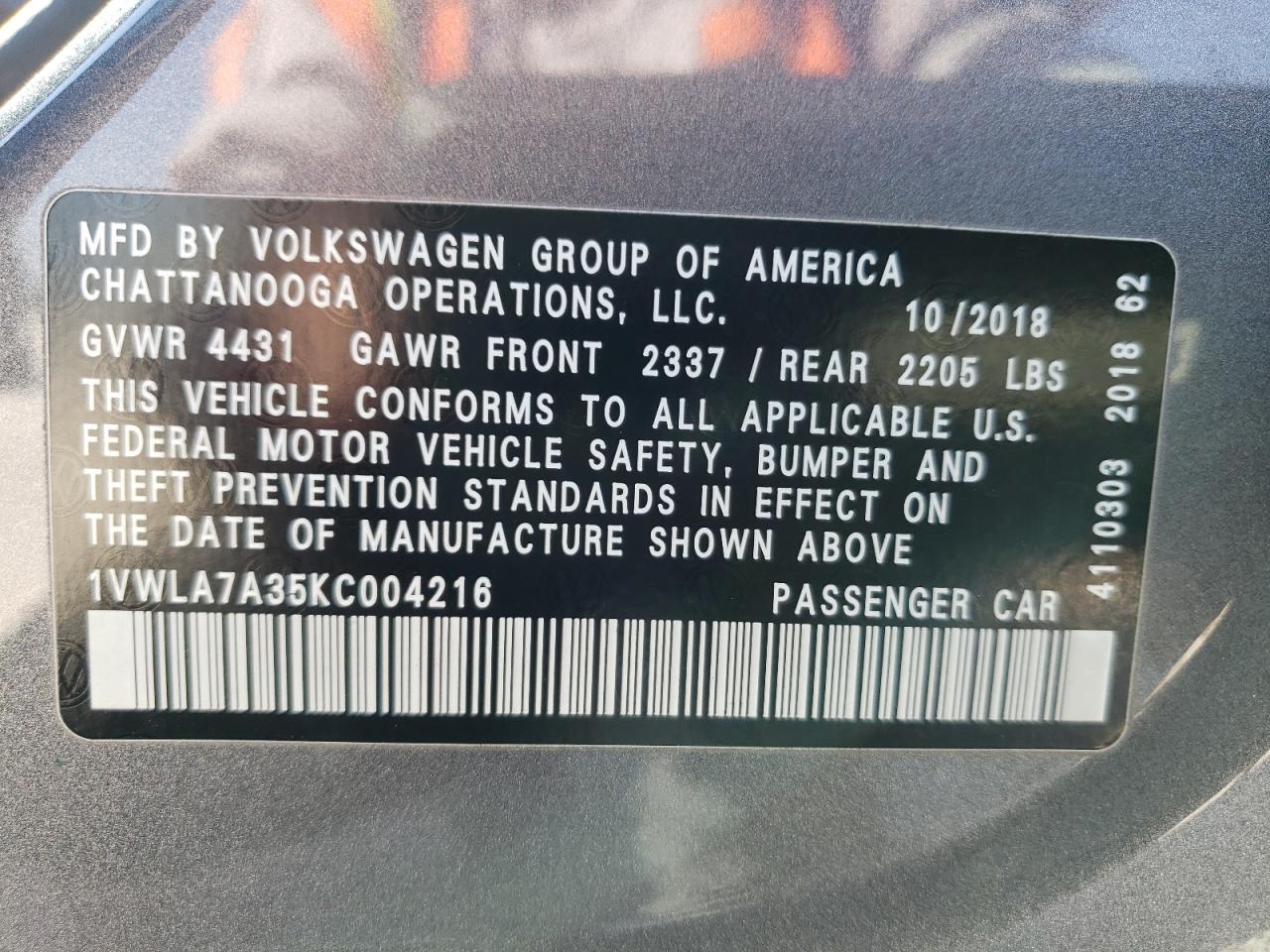 2019 Volkswagen Passat Wolfsburg VIN: 1VWLA7A35KC004216 Lot: 55690735