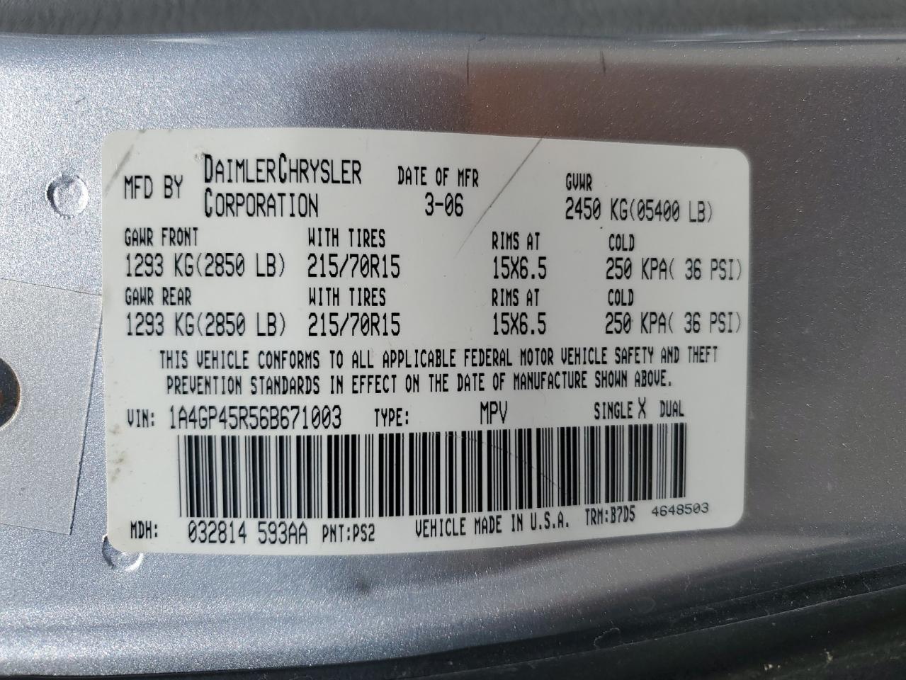 2006 Chrysler Town & Country VIN: 1A4GP45R56B671003 Lot: 56346245