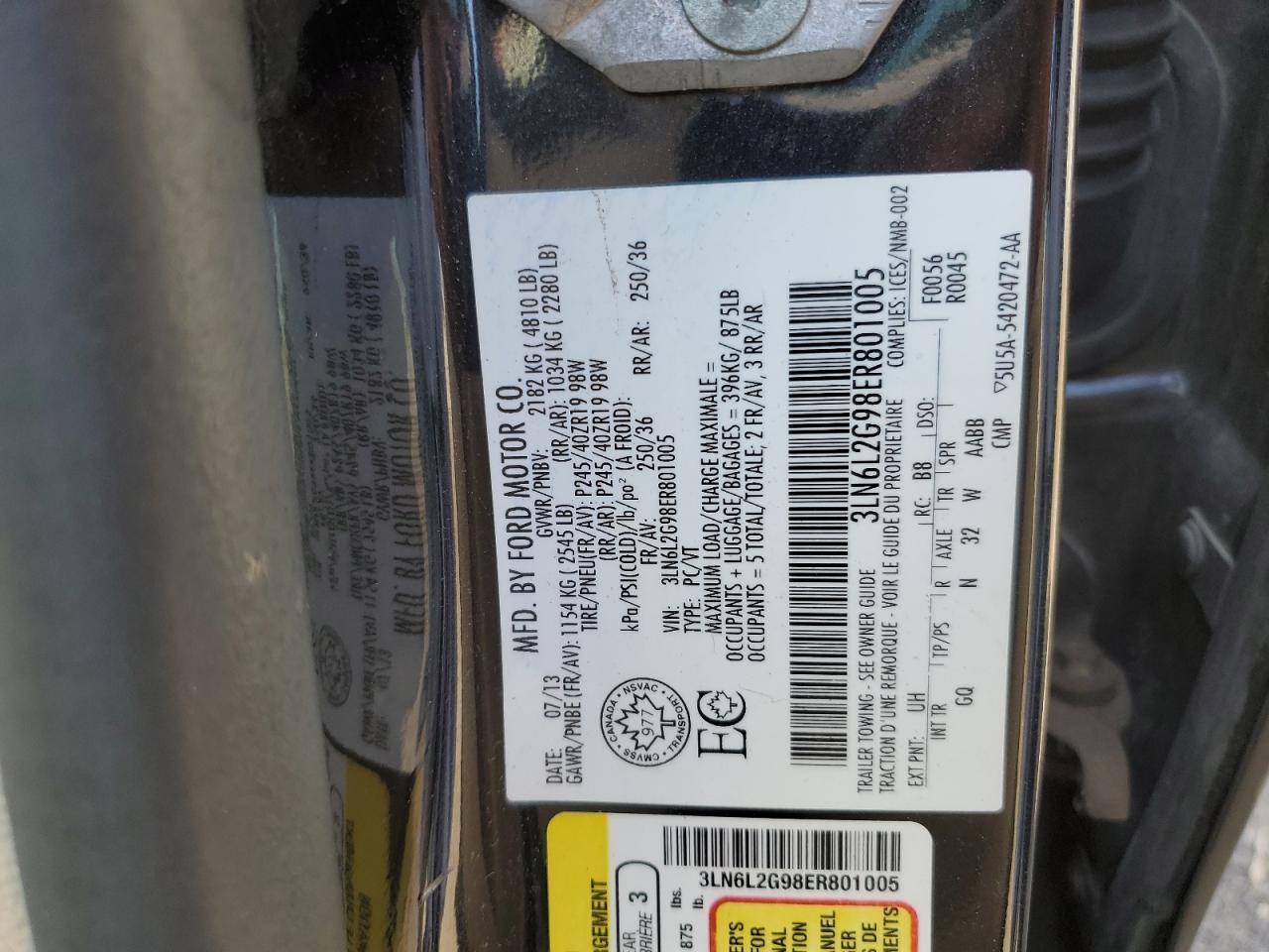 2014 Lincoln Mkz VIN: 3LN6L2G98ER801005 Lot: 53731395