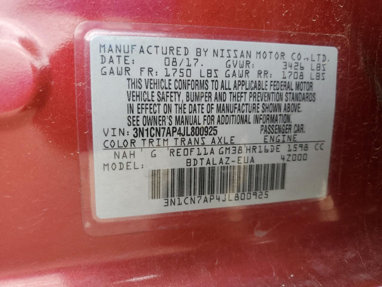 2018 Nissan Versa S VIN: 3N1CN7AP4JL800925 Lot: 57148545