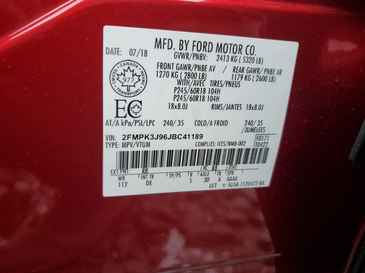 2018 Ford Edge Sel VIN: 2FMPK3J96JBC41189 Lot: 56521205