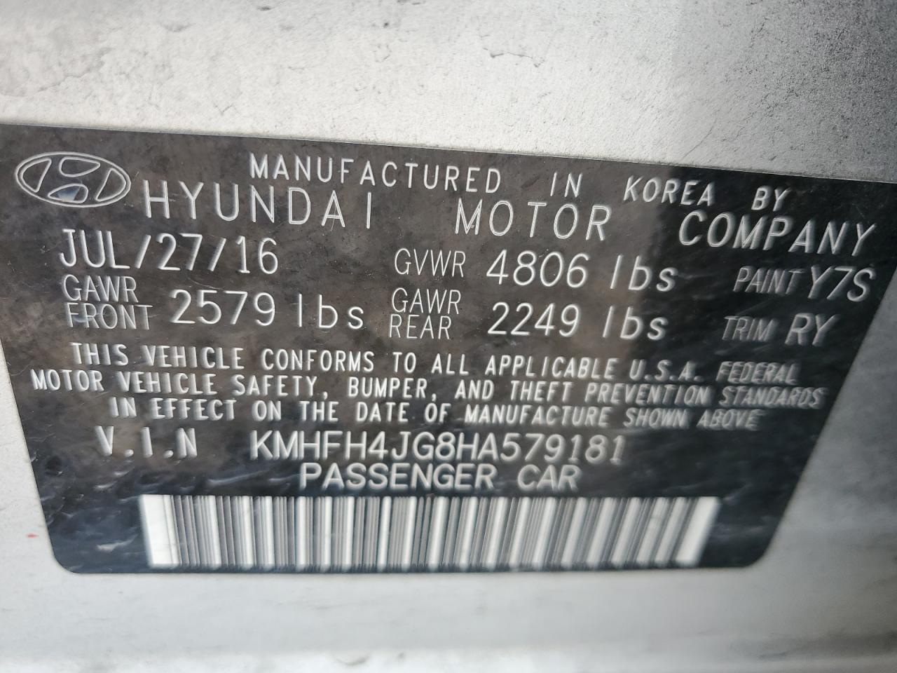 2017 Hyundai Azera Limited VIN: KMHFH4JG8HA579181 Lot: 55762835
