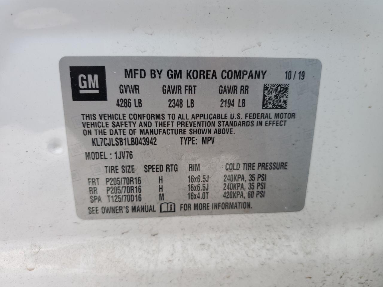 2020 Chevrolet Trax 1Lt VIN: KL7CJLSB1LB043942 Lot: 56484905