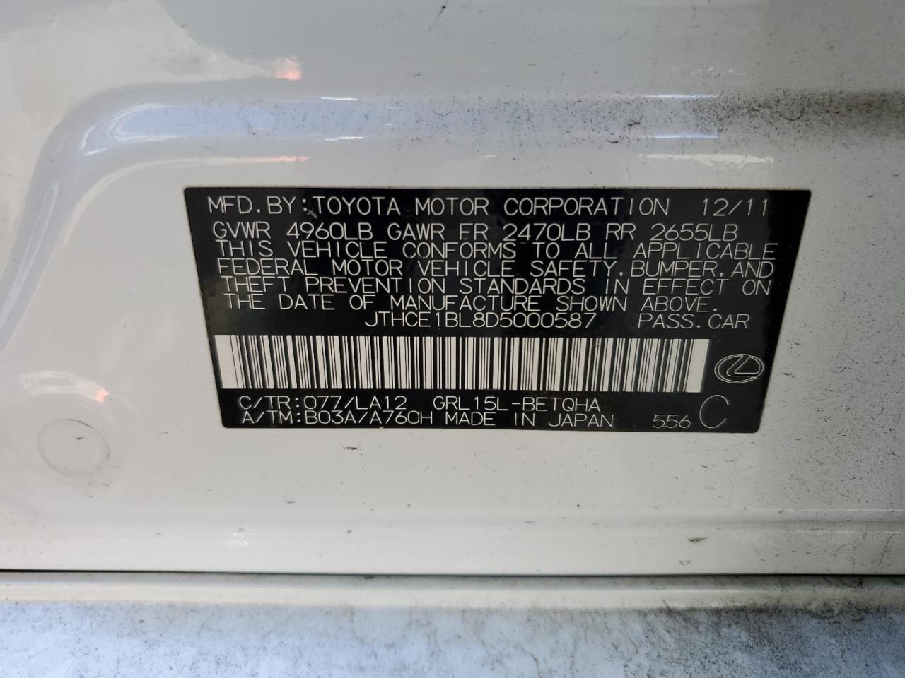2013 Lexus Gs 350 VIN: JTHCE1BL8D5000587 Lot: 57828155