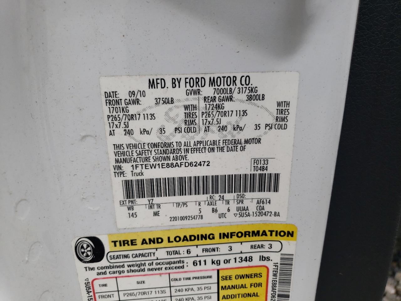 2010 Ford F150 Supercrew VIN: 1FTEW1E88AFD62472 Lot: 58038165