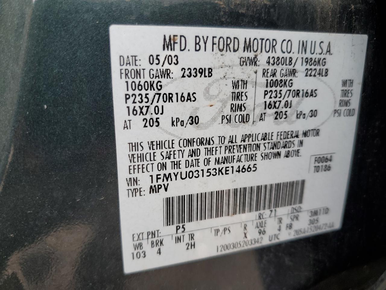 2003 Ford Escape Xlt VIN: 1FMYU03153KE14665 Lot: 56589805