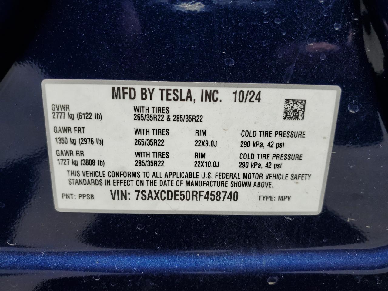 2024 Tesla Model X VIN: 7SAXCDE50RF458740 Lot: 56153355