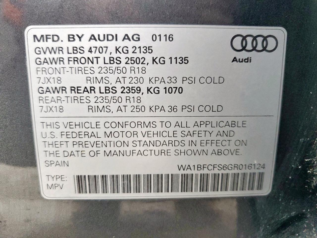2016 Audi Q3 Premium Plus VIN: WA1BFCFS6GR016124 Lot: 58026605
