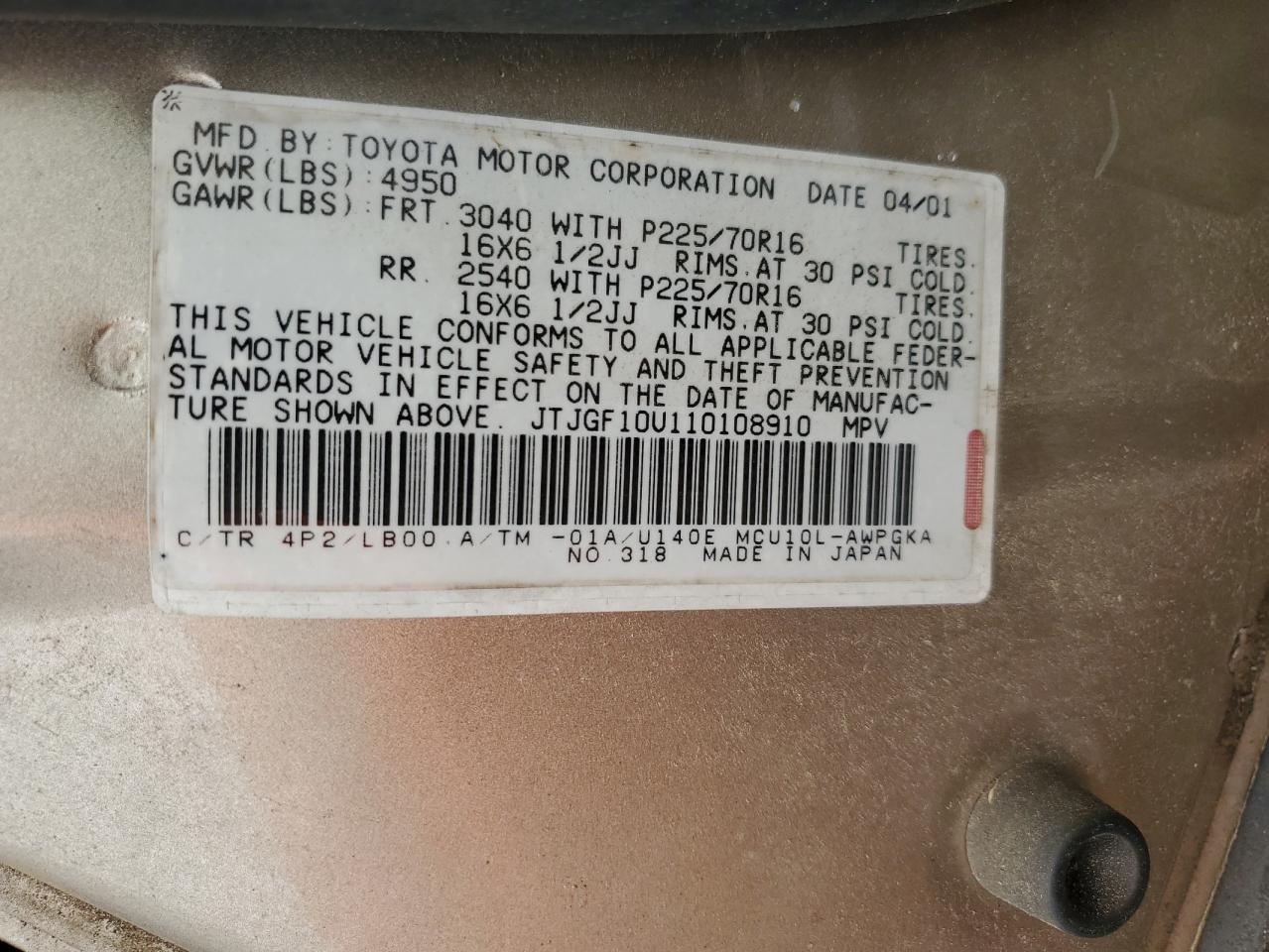 2001 Lexus Rx 300 VIN: JTJGF10U110108910 Lot: 58805255