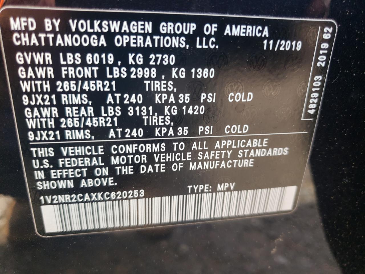 2019 Volkswagen Atlas Sel Premium VIN: 1V2NR2CAXKC620253 Lot: 56583635