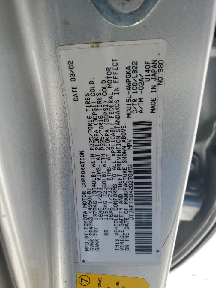 2002 Lexus Rx 300 VIN: JTJHF10UX20270492 Lot: 57504795