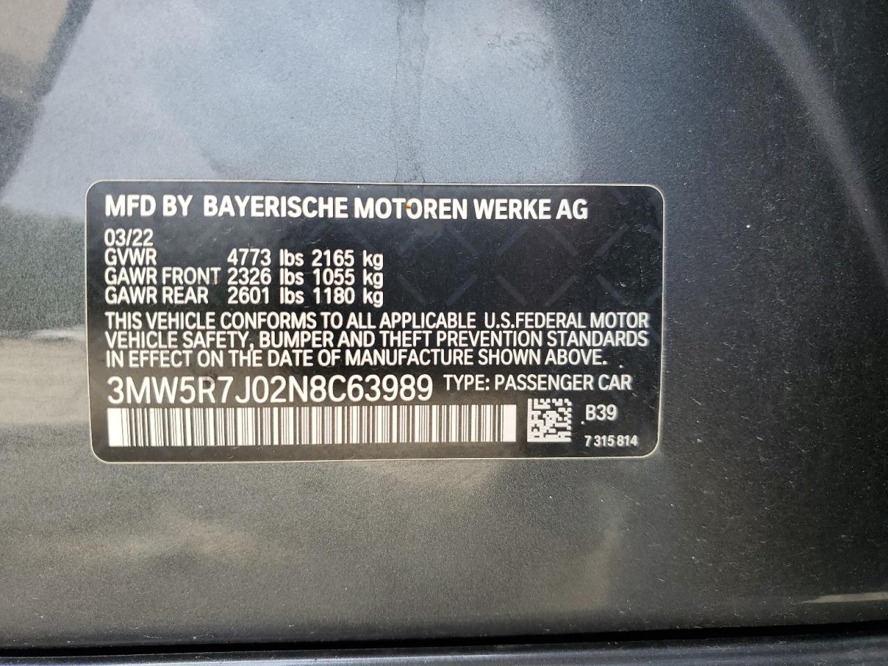 2022 BMW 330Xi VIN: 3MW5R7J02N8C63989 Lot: 56506975