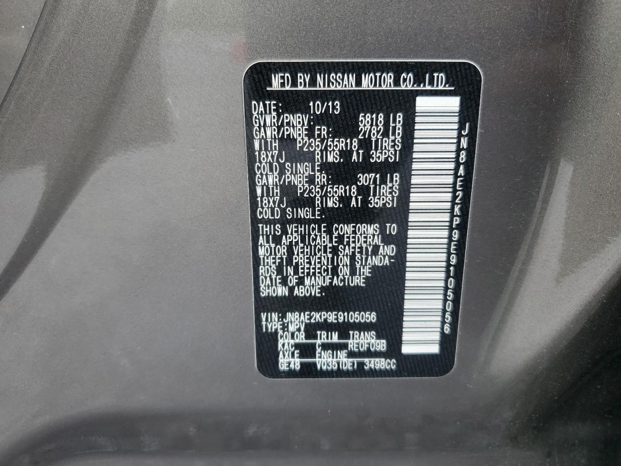 2014 Nissan Quest S VIN: JN8AE2KP9E9105056 Lot: 56594235