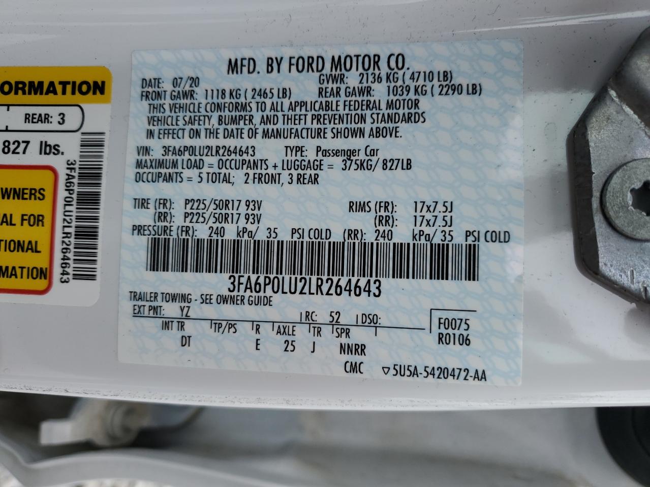 2020 Ford Fusion Se VIN: 3FA6P0LU2LR264643 Lot: 54023845