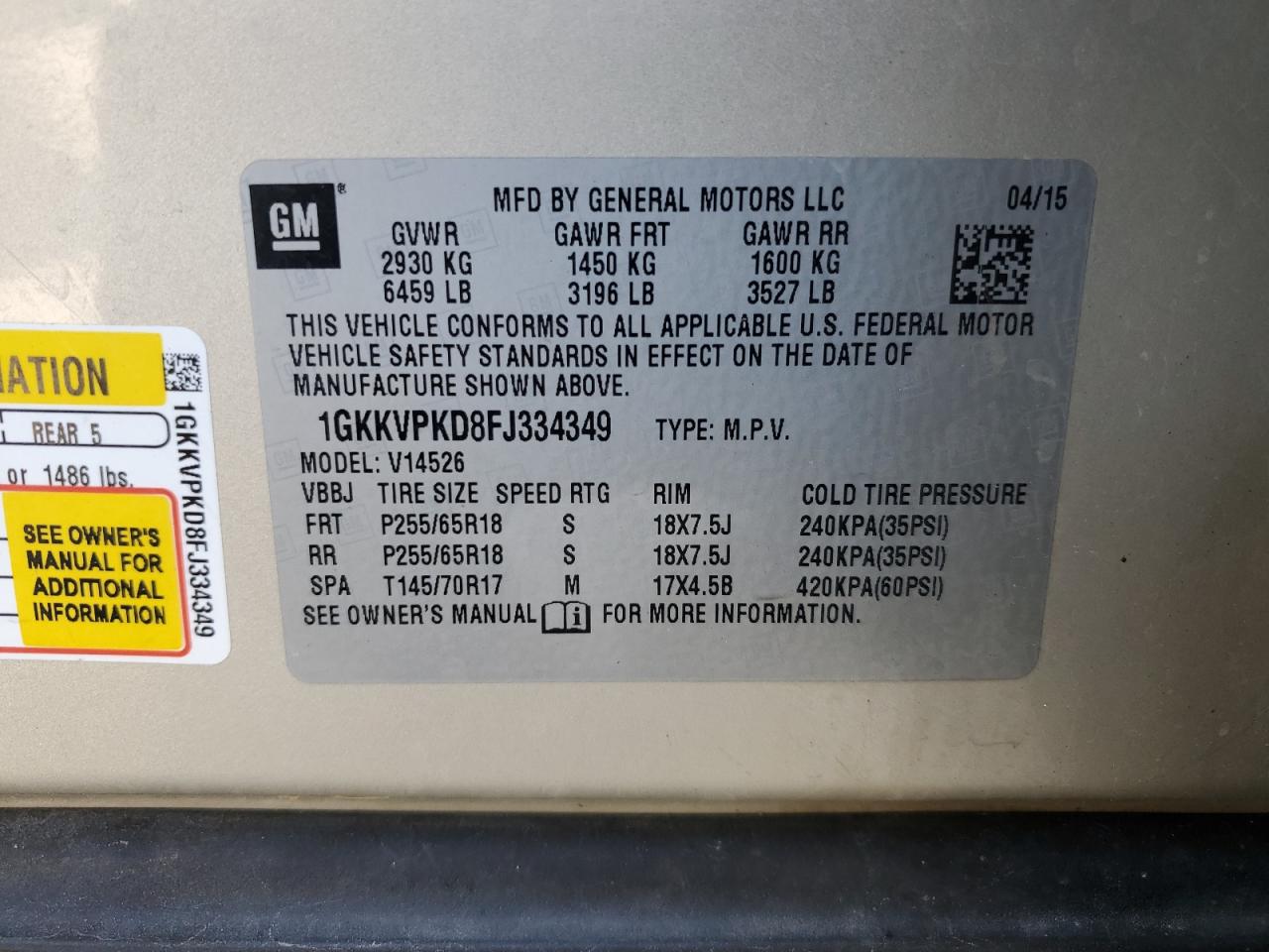 2015 GMC Acadia Sle VIN: 1GKKVPKD8FJ334349 Lot: 55797845