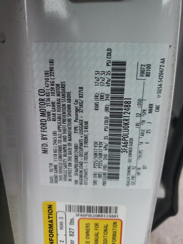 2019 Ford Fusion Se VIN: 3FA6P0LU0KR124881 Lot: 54042625