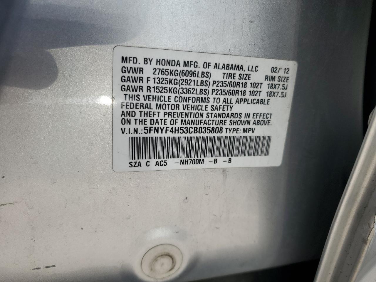 2012 Honda Pilot Exl VIN: 5FNYF4H53CB035808 Lot: 62199435