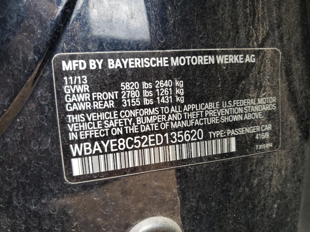 2014 BMW 750 Li VIN: WBAYE8C52ED135620 Lot: 58221745