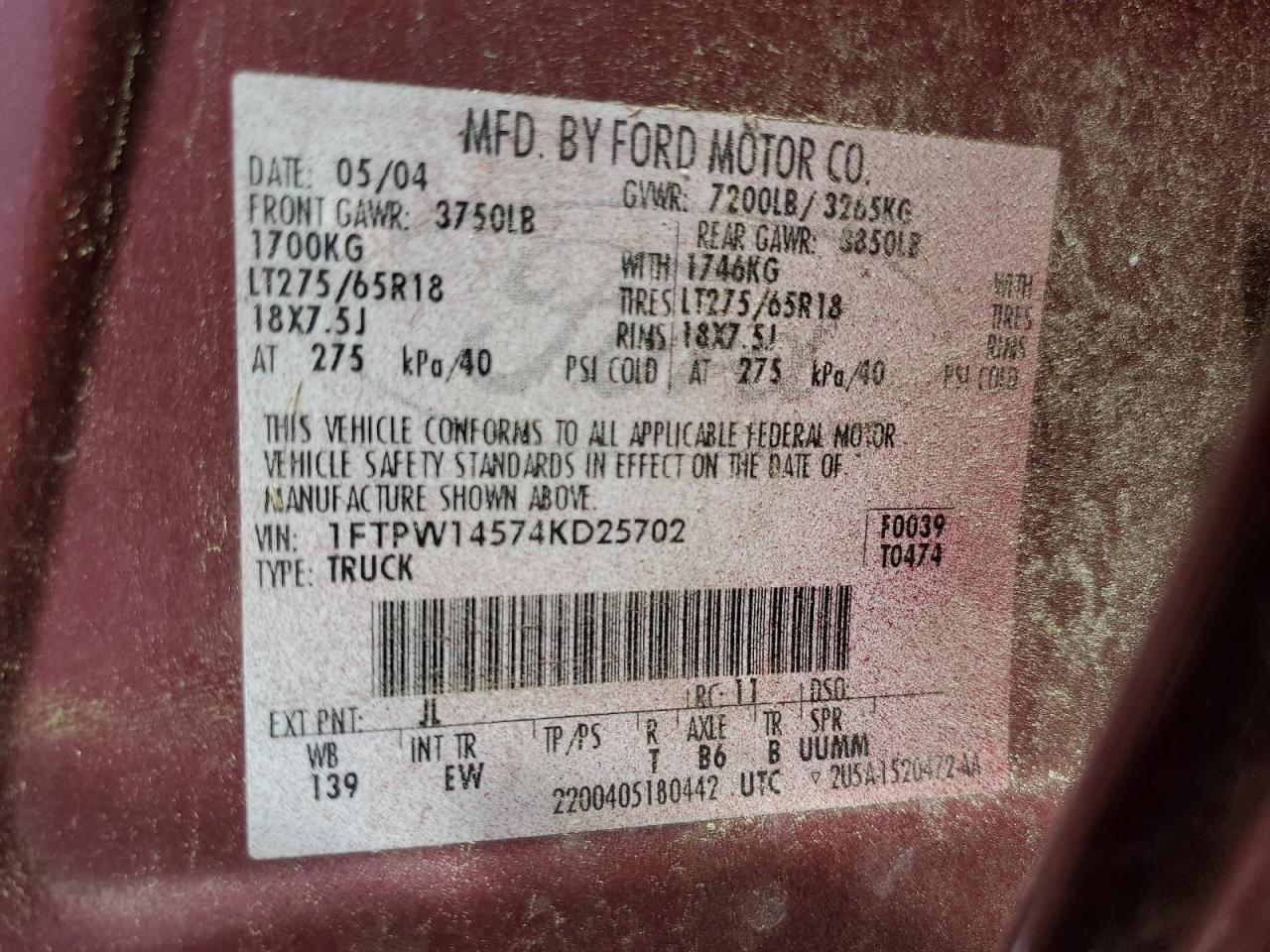 2004 Ford F150 Supercrew VIN: 1FTPW14574KD25702 Lot: 57030785