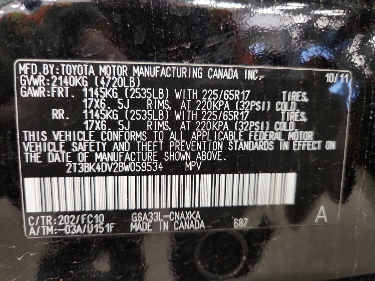 2011 Toyota Rav4 VIN: 2T3BK4DV2BW059534 Lot: 57970455