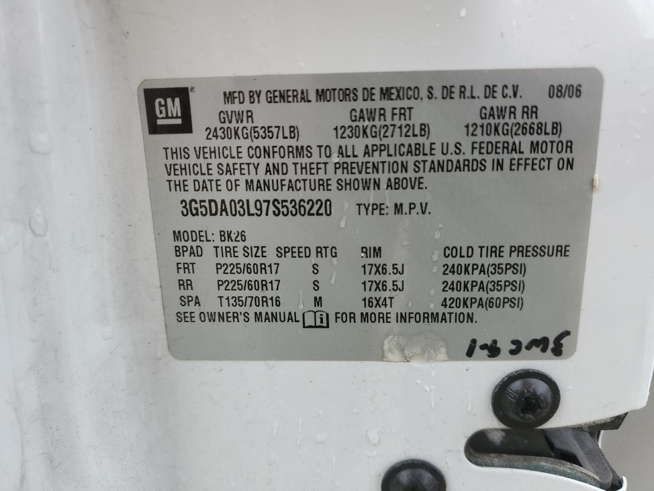 2007 Buick Rendezvous Cx VIN: 3G5DA03L97S536220 Lot: 55934615