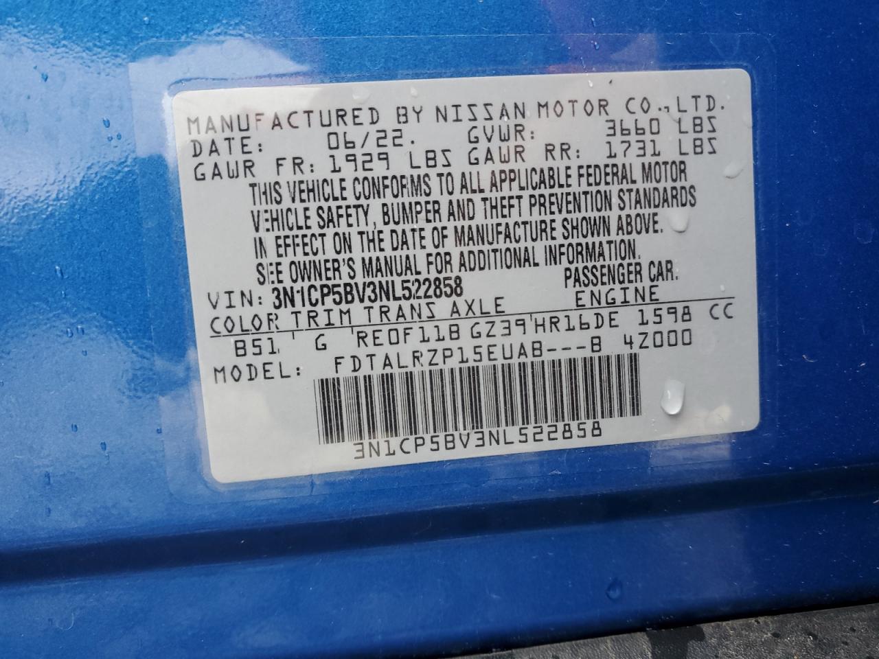 2022 Nissan Kicks S VIN: 3N1CP5BV3NL522858 Lot: 57561125