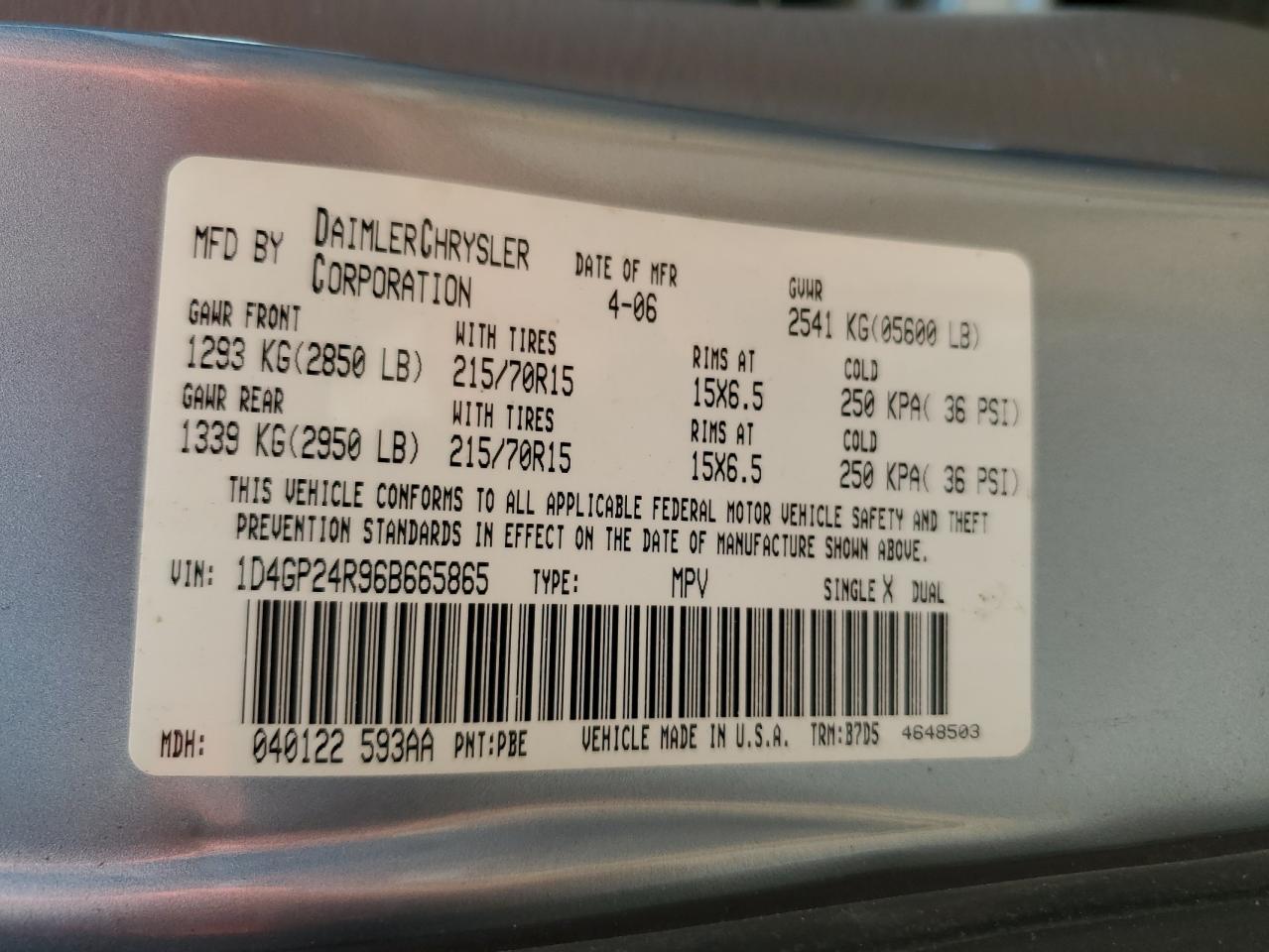 2006 Dodge Grand Caravan Se VIN: 1D4GP24R96B665865 Lot: 57436415