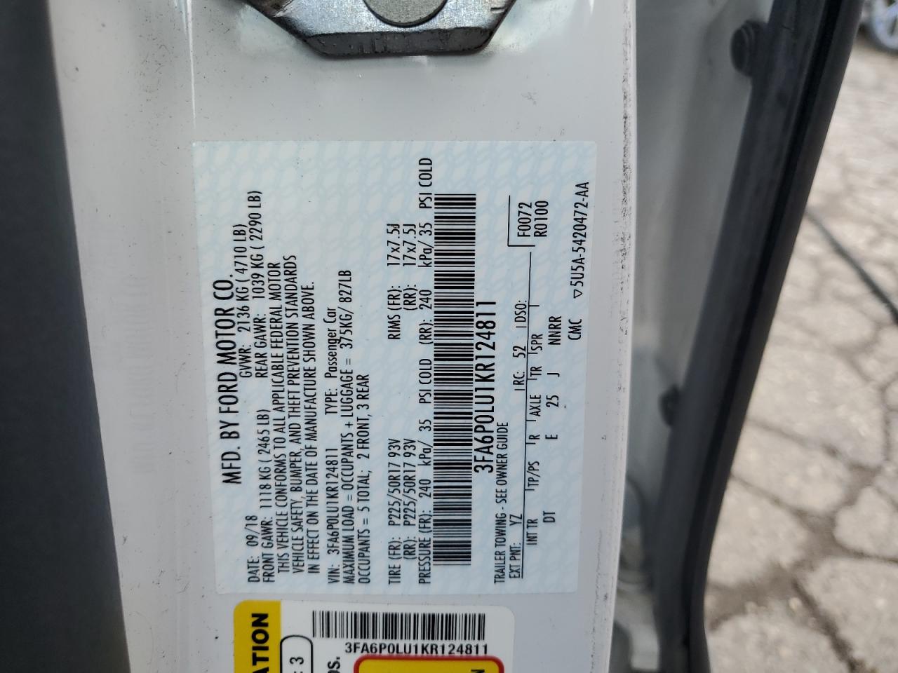 2019 Ford Fusion Se VIN: 3FA6P0LU1KR124811 Lot: 54041995