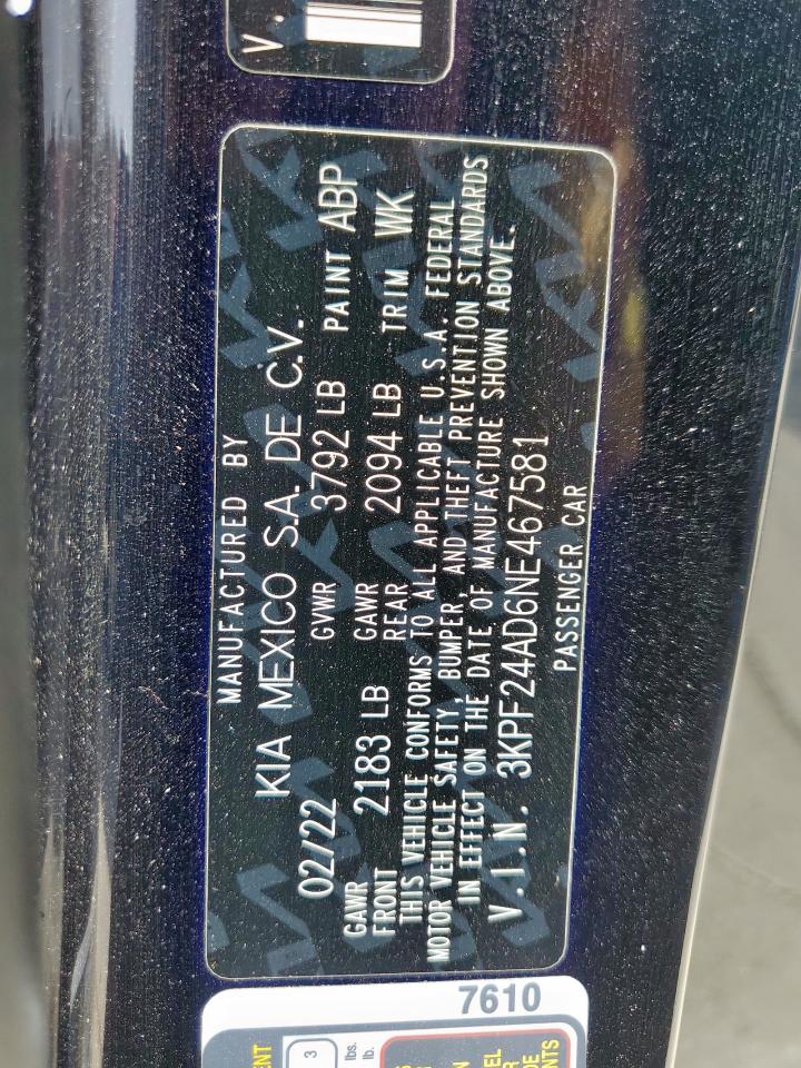 2022 Kia Forte Fe VIN: 3KPF24AD6NE467581 Lot: 56874885