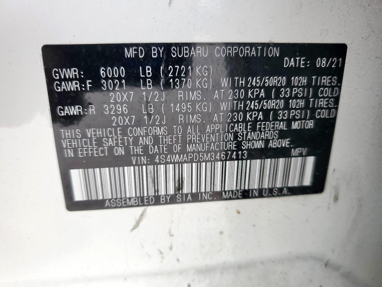 2021 Subaru Ascent Limited VIN: 4S4WMAPD5M3467413 Lot: 57269175