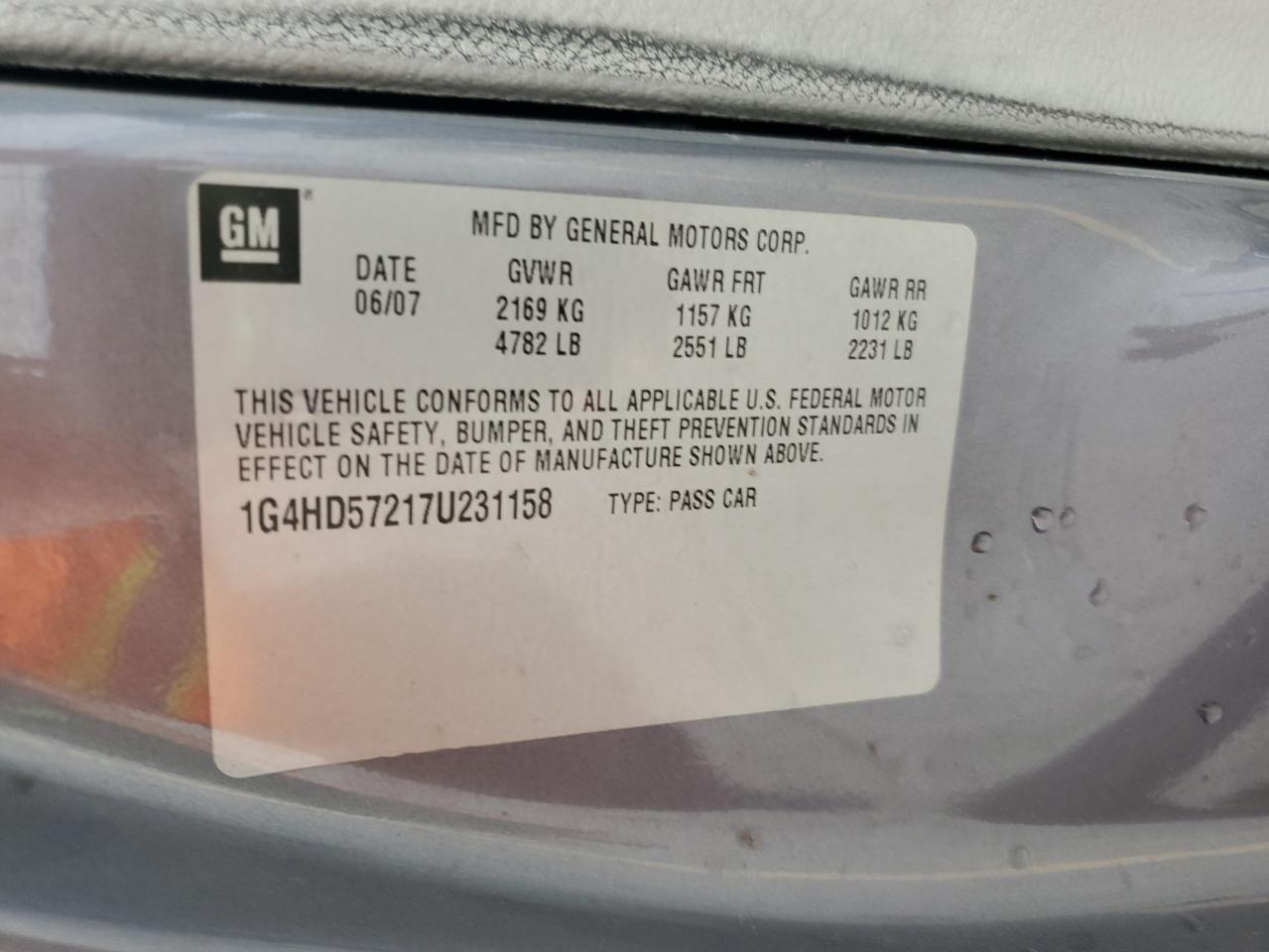 2007 Buick Lucerne Cxl VIN: 1G4HD57217U231158 Lot: 55963075