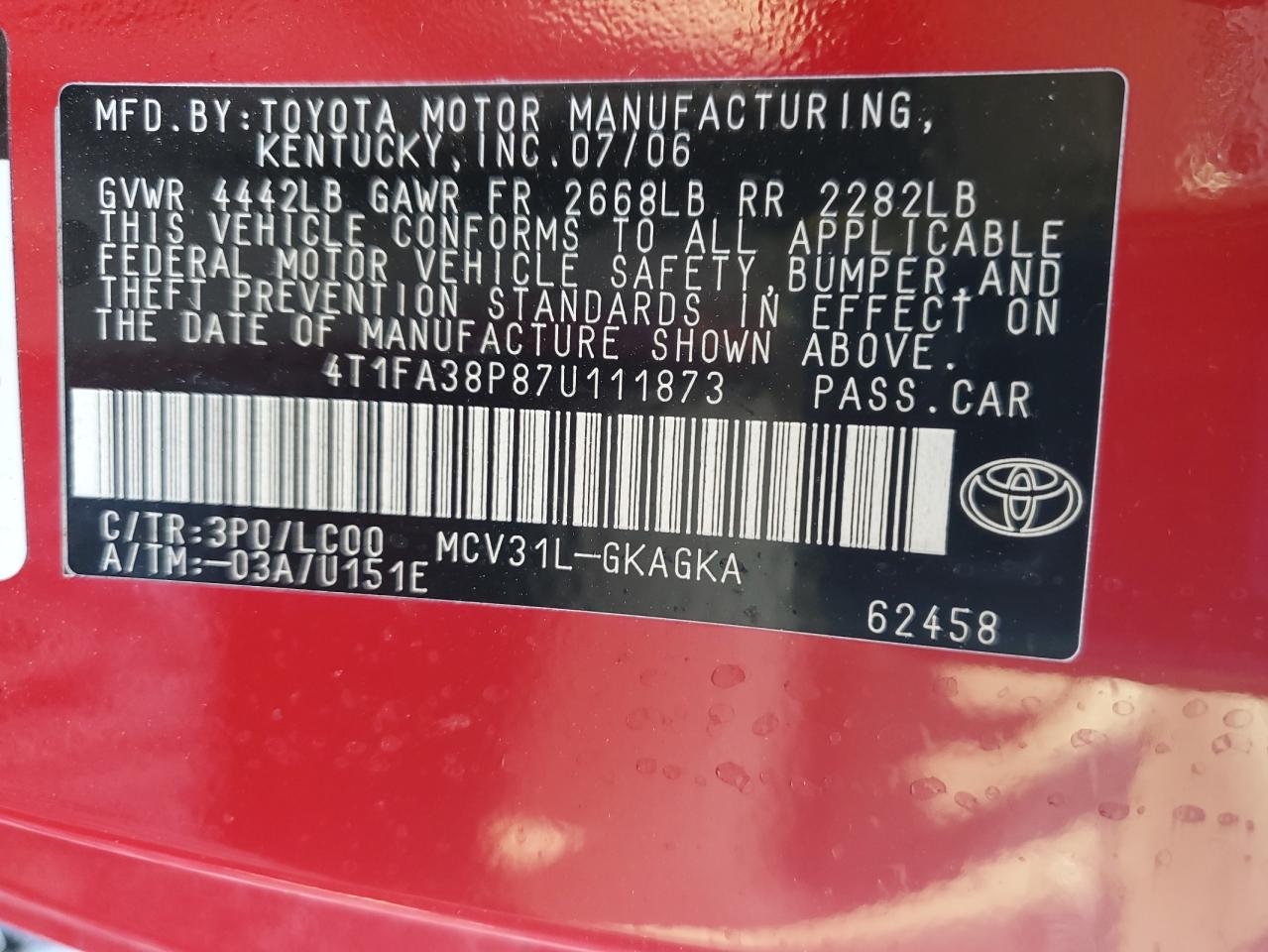 2007 Toyota Camry Solara Se VIN: 4T1FA38P87U111873 Lot: 55936265