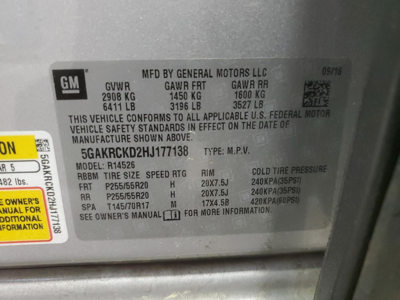 2017 Buick Enclave VIN: 5GAKRCKD2HJ177138 Lot: 56849515