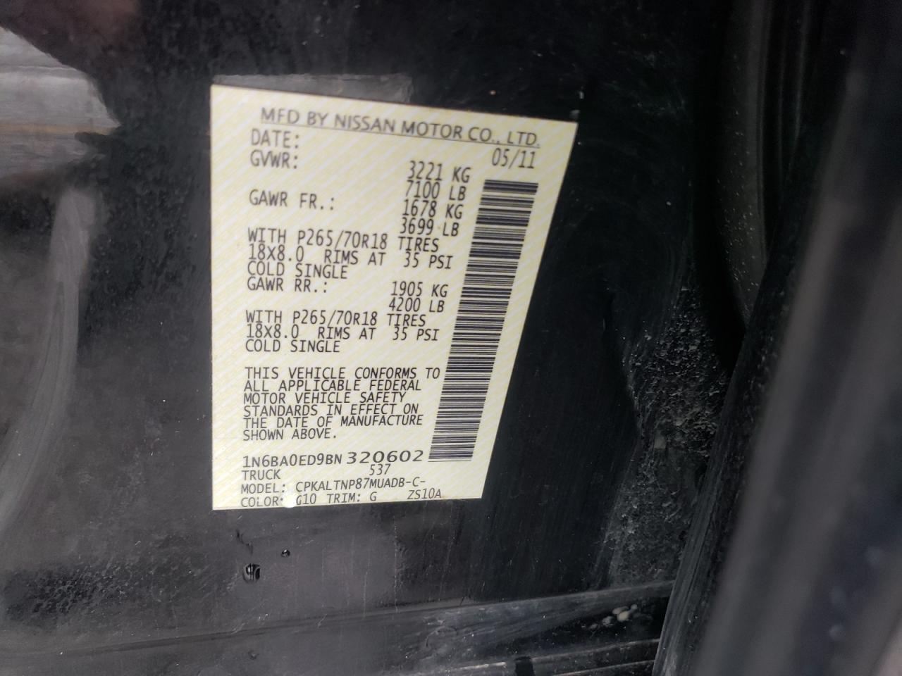 2011 Nissan Titan S VIN: 1N6BA0ED9BN320602 Lot: 58538945
