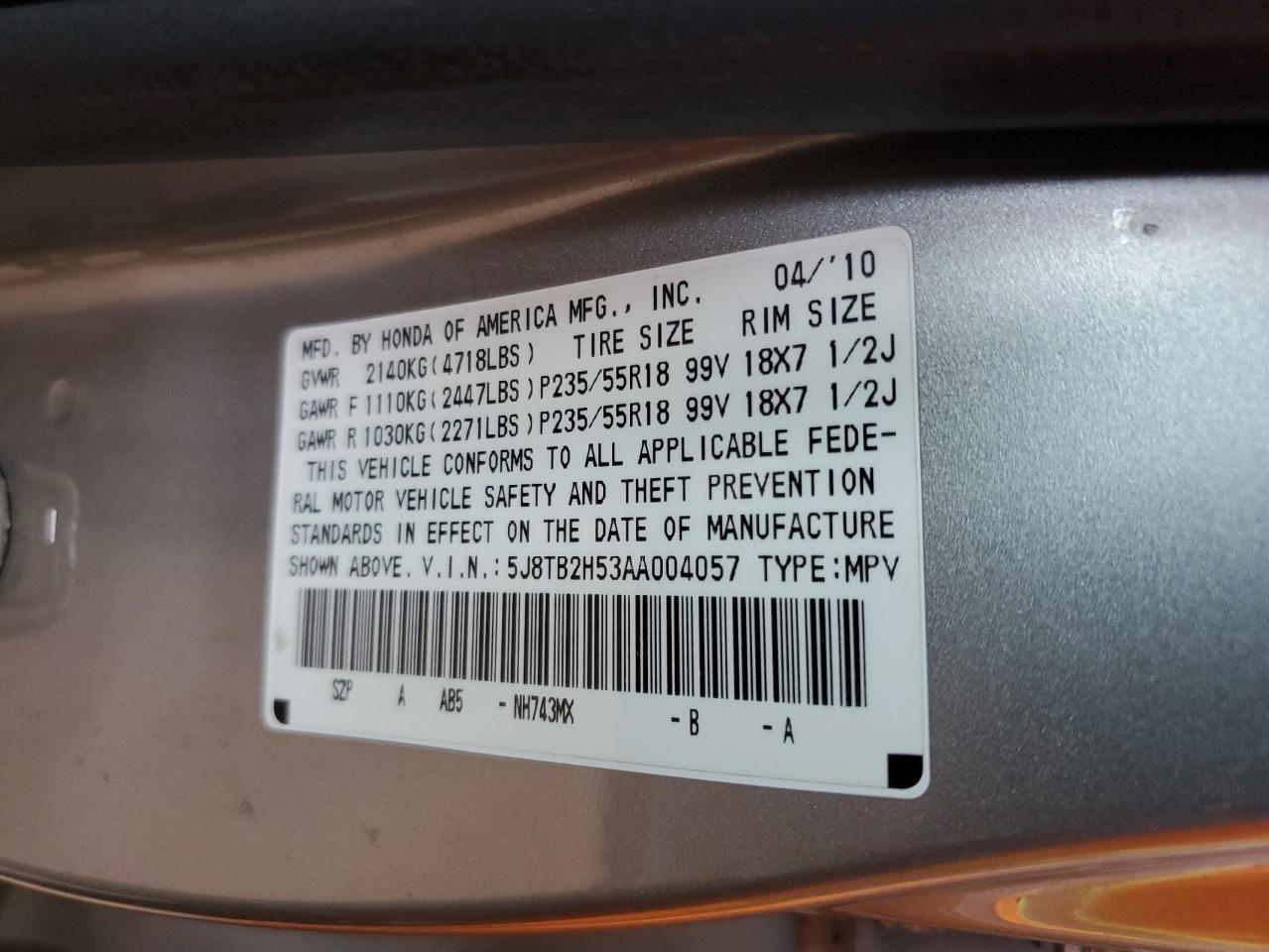 2010 Acura Rdx Technology VIN: 5J8TB2H53AA004057 Lot: 57511405